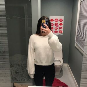 fuzzy white open back sweater